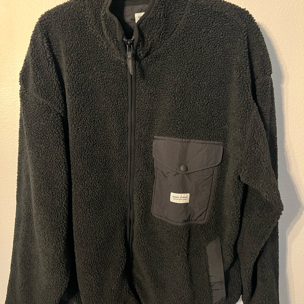 Black Zip Up Fleece Sweater with Plush Texture